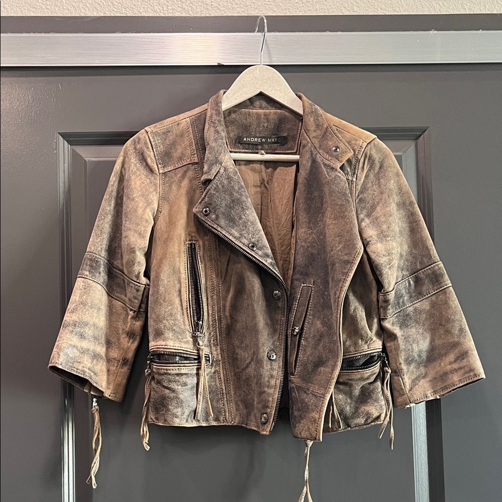 Andrew Marc Distressed Leather Jacket in Brown and Tan